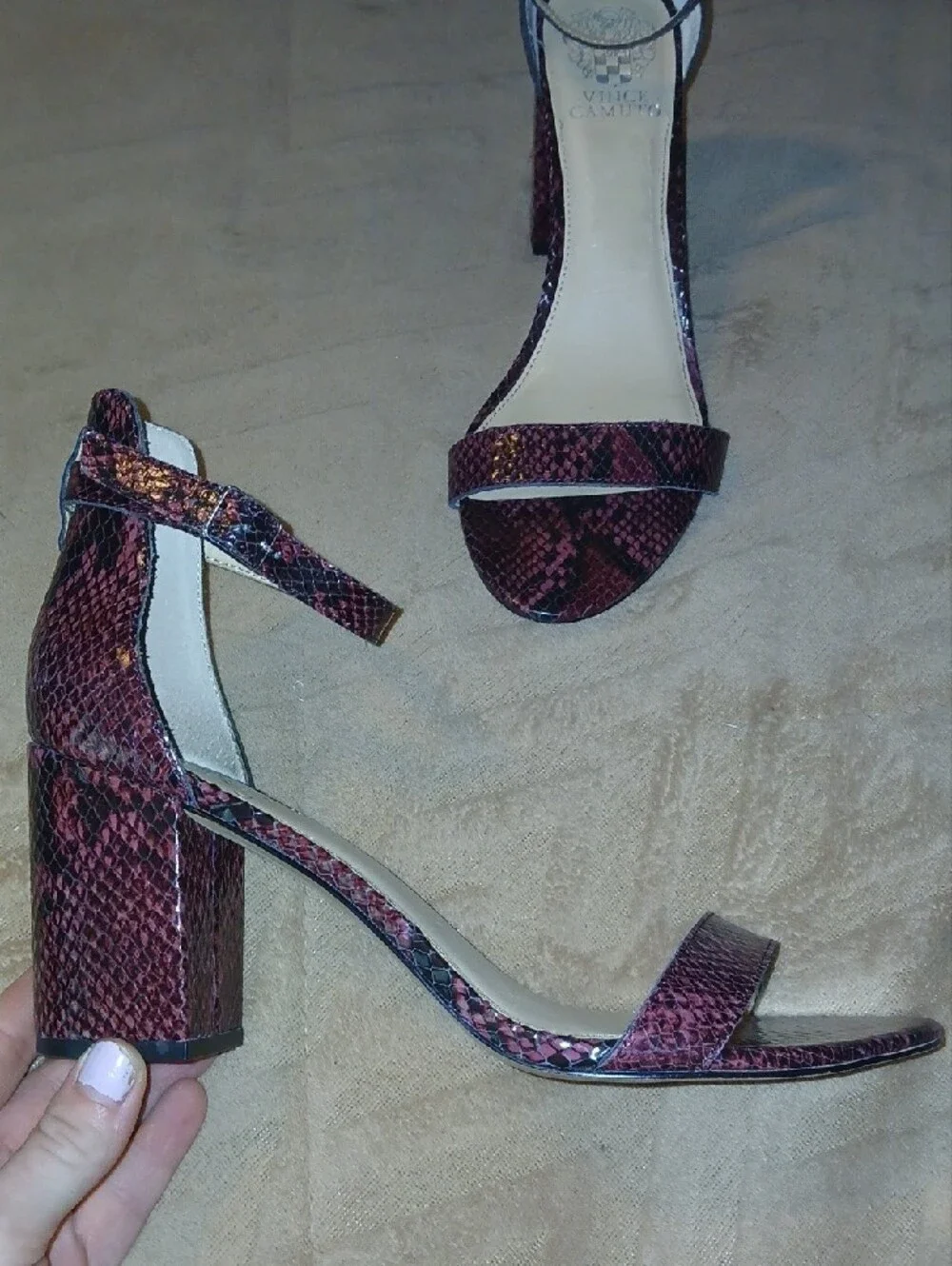 Vince Camuto Burgundy Leather Snake-Print Ankle Strap Block Heels Sz: 9.5